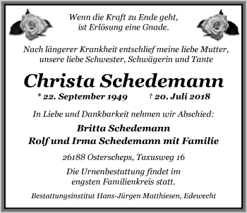 Traueranzeige von Christa Schedemann von Nordwest-Zeitung