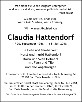 Traueranzeige von Claudia Hattendorf von Nordwest-Zeitung