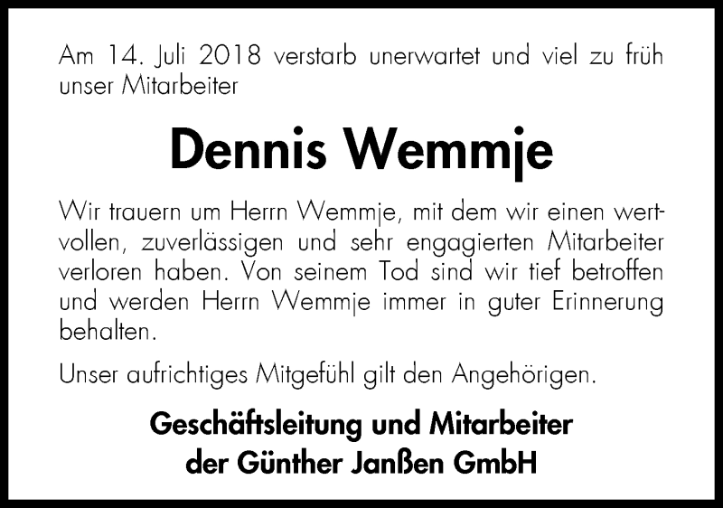  Traueranzeige für Dennis Wemmje vom 24.07.2018 aus Nordwest-Zeitung
