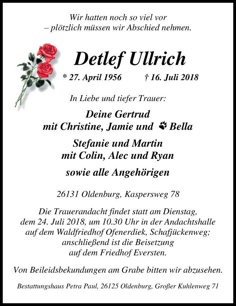  Traueranzeige für Detlef Ullrich vom 21.07.2018 aus Nordwest-Zeitung
