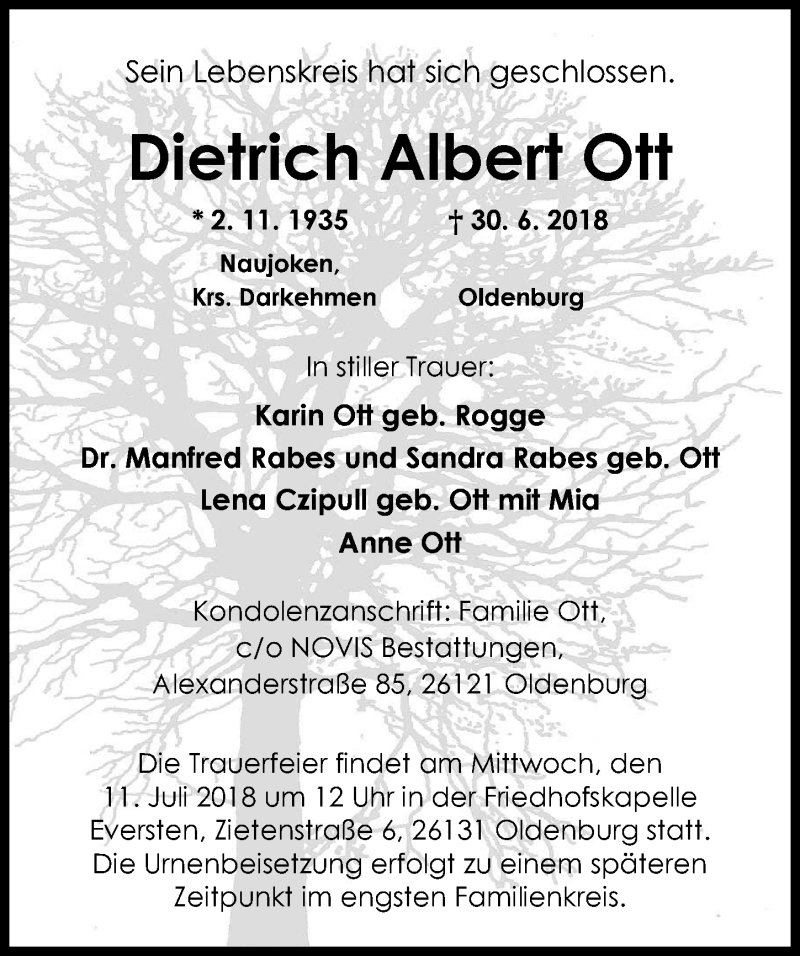  Traueranzeige für Dietrich Albert Ott vom 07.07.2018 aus Nordwest-Zeitung