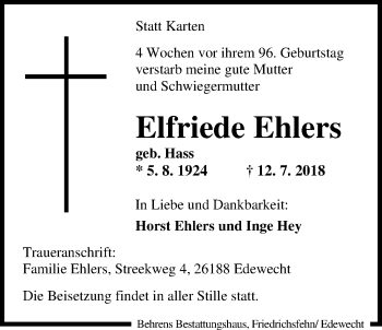 Traueranzeige von Elfriede Ehlers von Nordwest-Zeitung