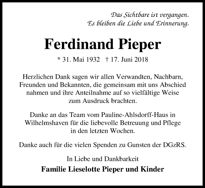  Traueranzeige für Ferdinand Pieper vom 23.07.2018 aus Nordwest-Zeitung