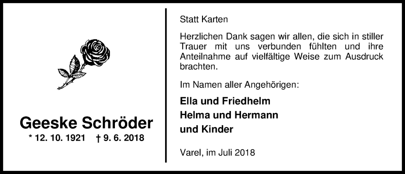  Traueranzeige für Geeske Schröder vom 21.07.2018 aus Nordwest-Zeitung