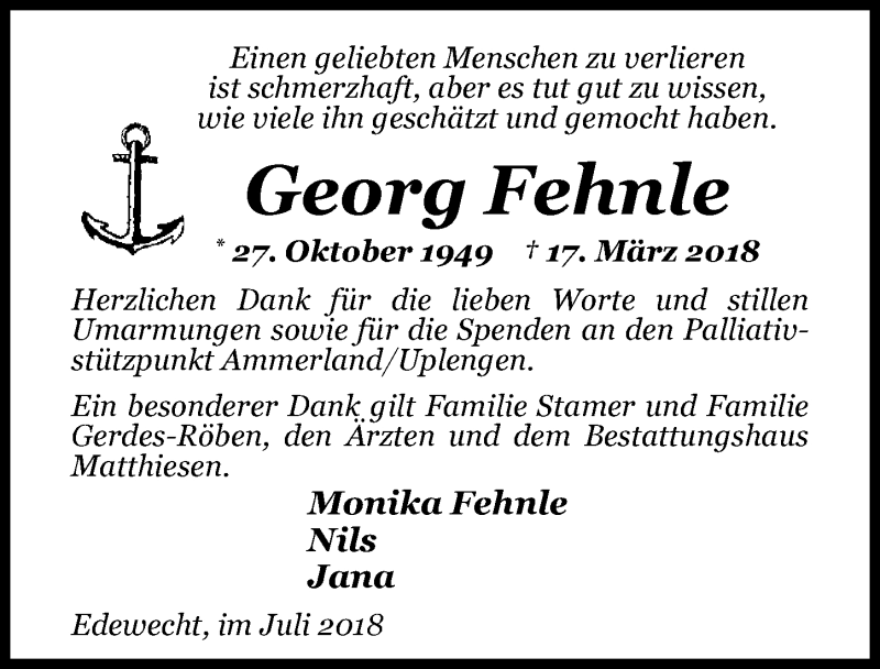  Traueranzeige für Georg Fehnle vom 07.07.2018 aus Nordwest-Zeitung