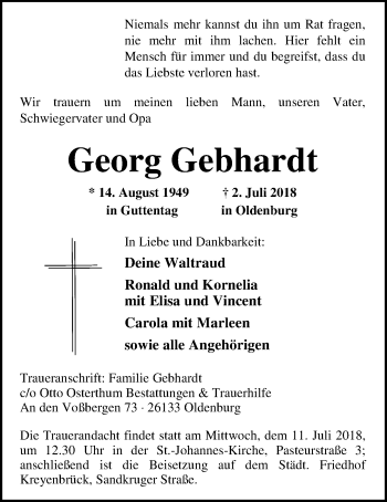 Traueranzeige von Georg Gebhardt von Nordwest-Zeitung