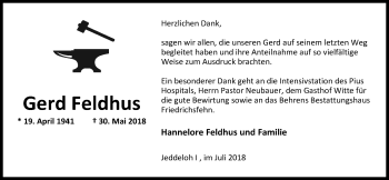 Traueranzeige von Gerd Feldhus von Nordwest-Zeitung