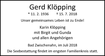 Traueranzeige von Gerd Klöpping von Nordwest-Zeitung