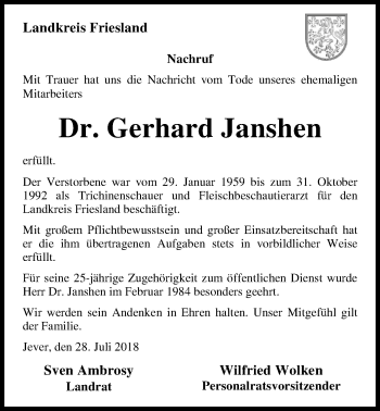 Traueranzeige von Gerhard Janshen von Nordwest-Zeitung