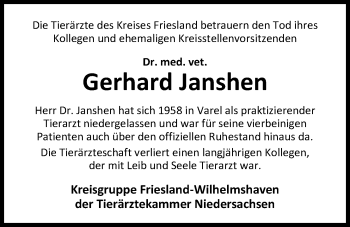 Traueranzeige von Gerhard Janshen von Nordwest-Zeitung