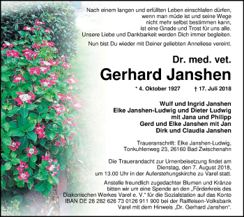 Traueranzeige von Gerhard Janshen von Nordwest-Zeitung