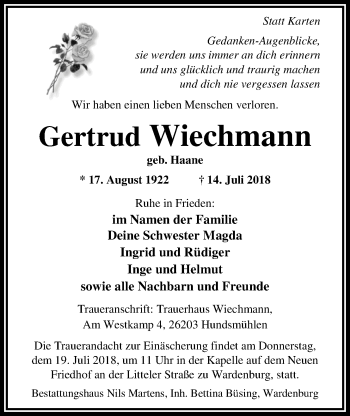 Traueranzeige von Gertrud Wiechmann von Nordwest-Zeitung