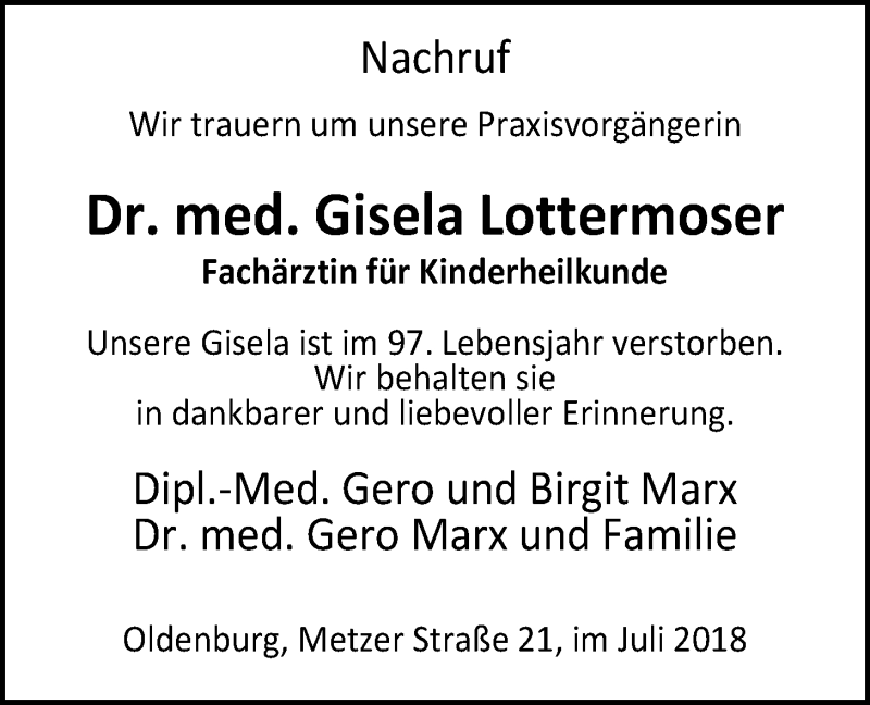  Traueranzeige für Gisela Lottermoser vom 14.07.2018 aus Nordwest-Zeitung