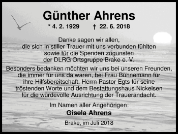 Traueranzeige von Günther Ahrens von Nordwest-Zeitung
