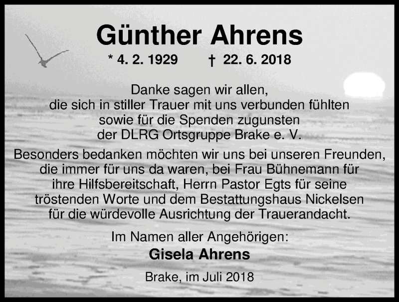  Traueranzeige für Günther Ahrens vom 28.07.2018 aus Nordwest-Zeitung