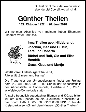 Traueranzeige von Günther Theilen von Nordwest-Zeitung