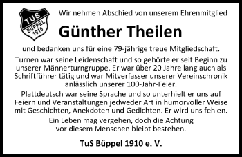 Traueranzeige von Günther Theilen von Nordwest-Zeitung