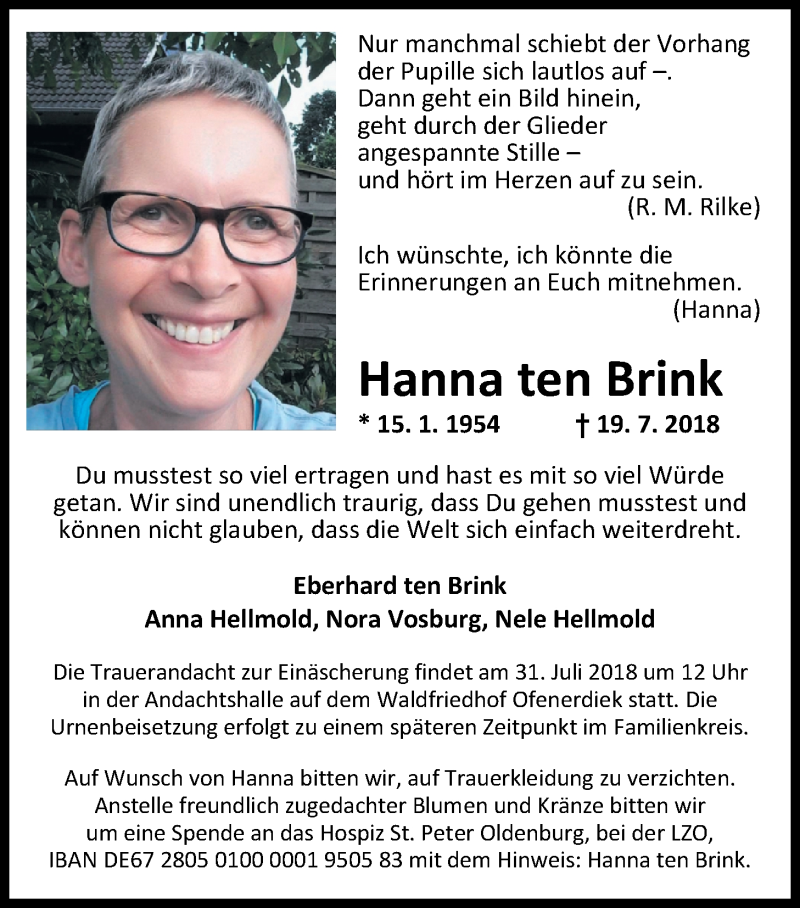  Traueranzeige für Hanna ten Brink  vom 26.07.2018 aus Nordwest-Zeitung