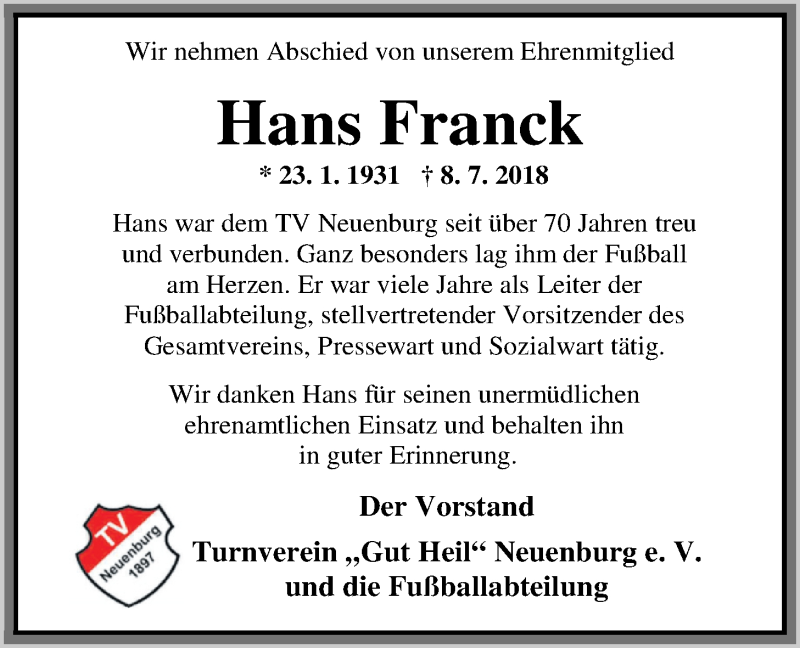  Traueranzeige für Hans Franck vom 12.07.2018 aus Nordwest-Zeitung