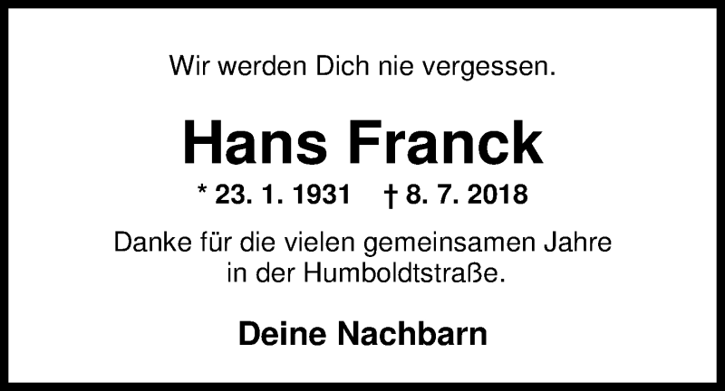  Traueranzeige für Hans Franck vom 11.07.2018 aus Nordwest-Zeitung