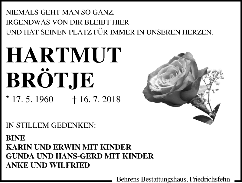  Traueranzeige für Hartmut Brötje vom 19.07.2018 aus Nordwest-Zeitung