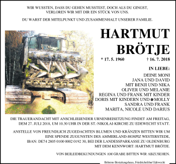 Traueranzeige von Hartmut Brötje von Nordwest-Zeitung