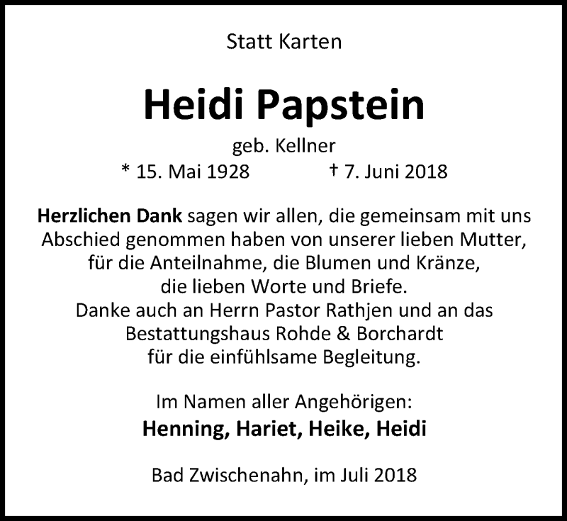  Traueranzeige für Heidi Papstein vom 14.07.2018 aus Nordwest-Zeitung