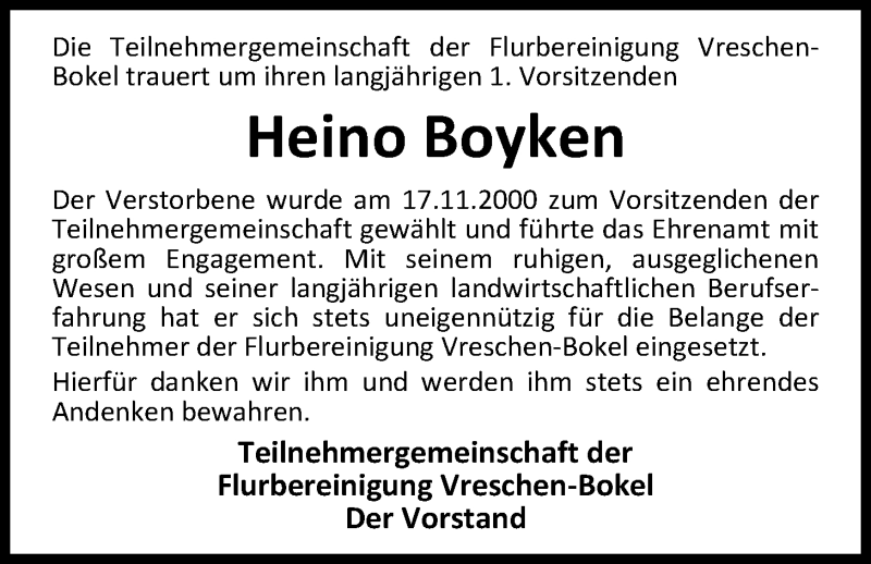  Traueranzeige für Heino Boyken vom 31.07.2018 aus Nordwest-Zeitung