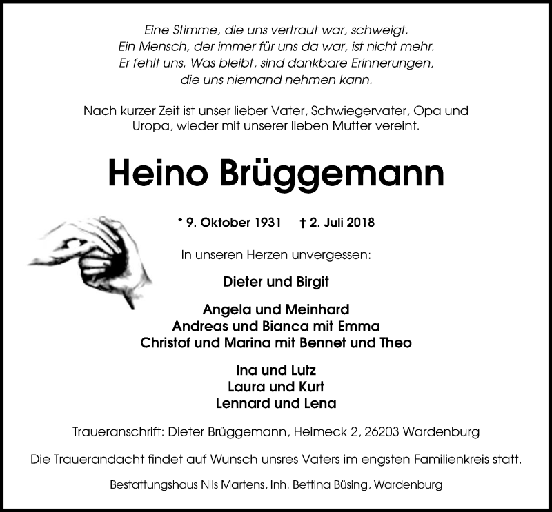  Traueranzeige für Heino Brüggemann vom 06.07.2018 aus Nordwest-Zeitung