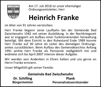 Traueranzeige von Heinrich Franke von Nordwest-Zeitung
