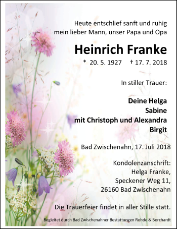 Traueranzeige von Heinrich Franke von Nordwest-Zeitung