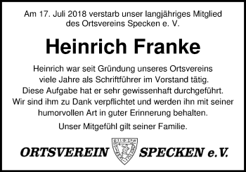 Traueranzeige von Heinrich Franke von Nordwest-Zeitung
