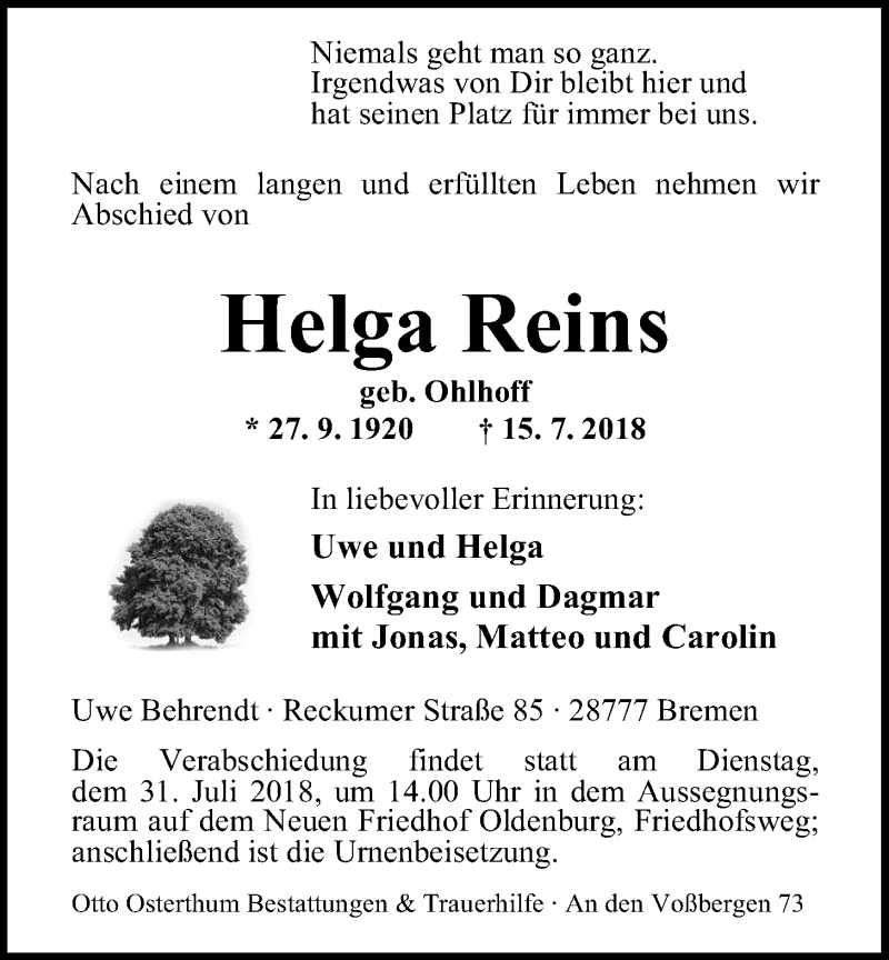  Traueranzeige für Helga Reins vom 24.07.2018 aus Nordwest-Zeitung
