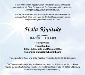 Traueranzeige von Hella Kopittke von Nordwest-Zeitung