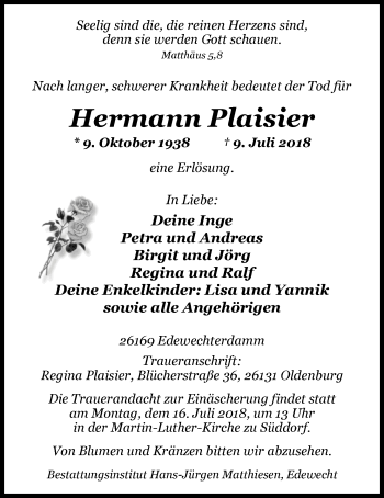 Traueranzeige von Hermann Plaisier von Nordwest-Zeitung