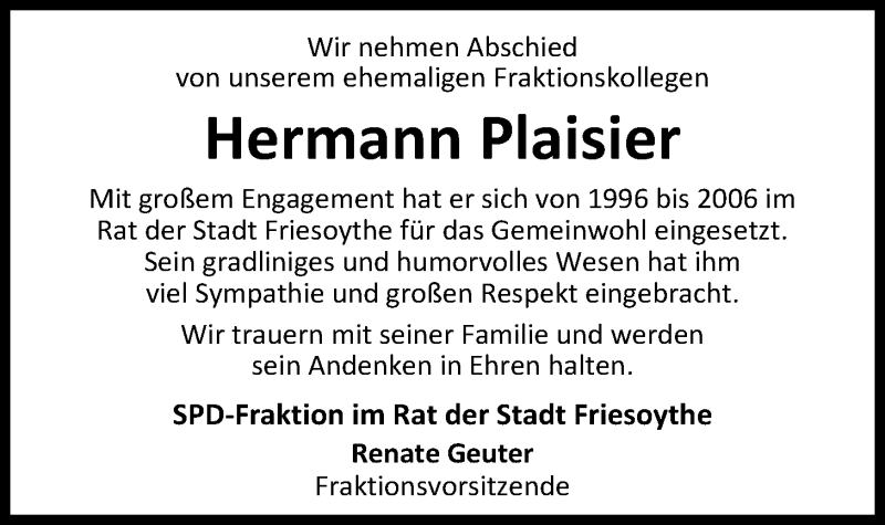  Traueranzeige für Hermann Plaisier vom 14.07.2018 aus Nordwest-Zeitung
