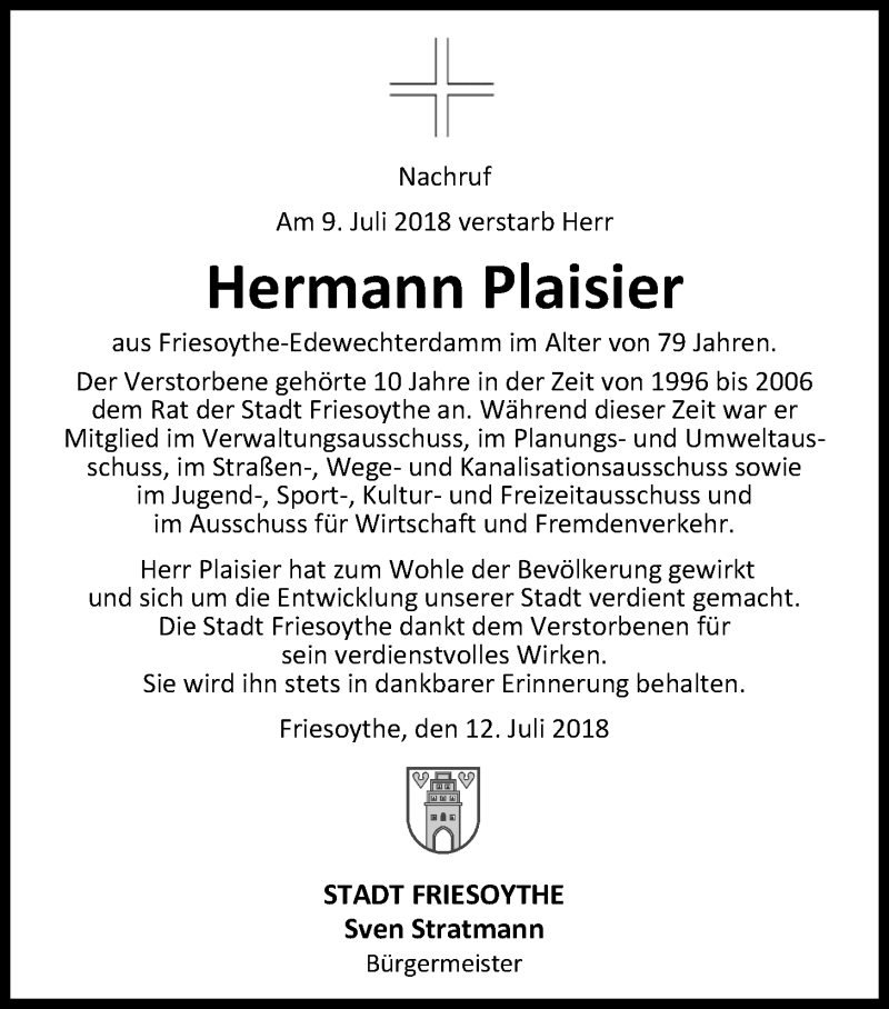  Traueranzeige für Hermann Plaisier vom 13.07.2018 aus Nordwest-Zeitung