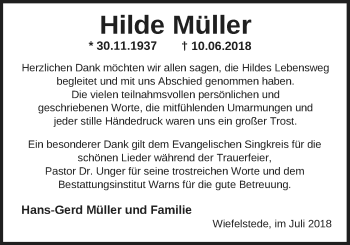 Traueranzeige von Hilde Müller von Nordwest-Zeitung