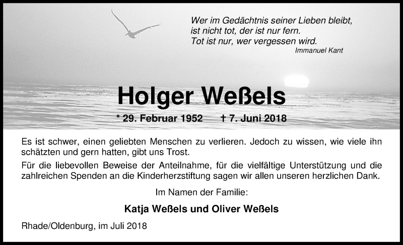  Traueranzeige für Holger Weßels vom 21.07.2018 aus Nordwest-Zeitung
