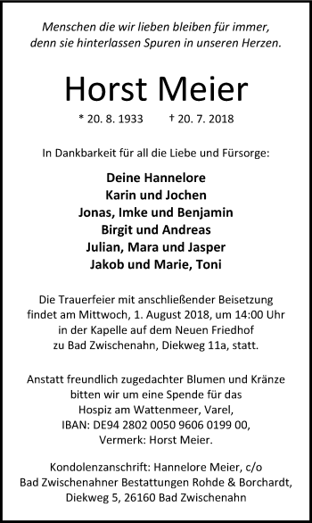 Traueranzeige von Horst Meier von Nordwest-Zeitung
