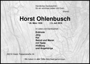 Traueranzeige von Horst Ohlenbusch von Nordwest-Zeitung