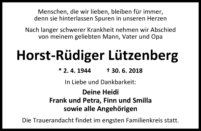  Traueranzeige für Horst-Rüdiger Lützenberg vom 07.07.2018 aus Nordwest-Zeitung