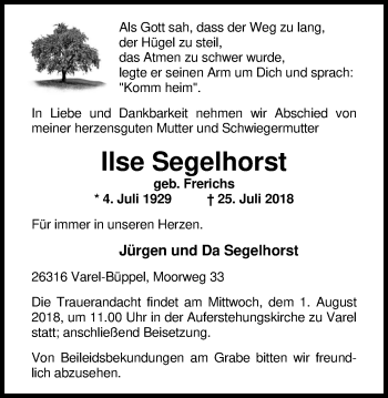Traueranzeige von Ilse Segelhorst von Nordwest-Zeitung