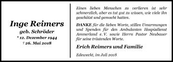 Traueranzeige von Inge Reimers von Nordwest-Zeitung
