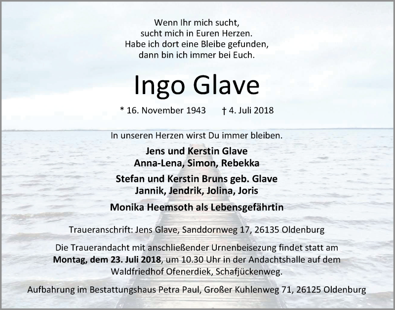  Traueranzeige für Ingo Glave vom 07.07.2018 aus Nordwest-Zeitung