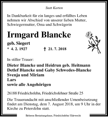 Traueranzeige von Irmgard Blancke von Nordwest-Zeitung