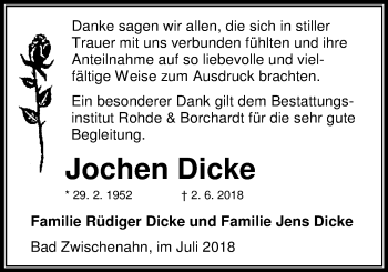 Traueranzeige von Jochen Dicke von Nordwest-Zeitung