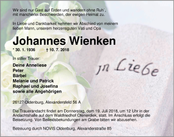 Traueranzeige von Johannes Wienken von Nordwest-Zeitung