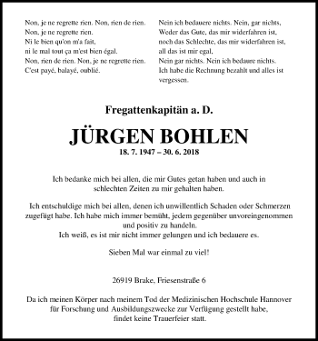 Traueranzeige von Jürgen Bohlen von Nordwest-Zeitung