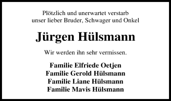 Traueranzeige von Jürgen Hülsmann von Nordwest-Zeitung